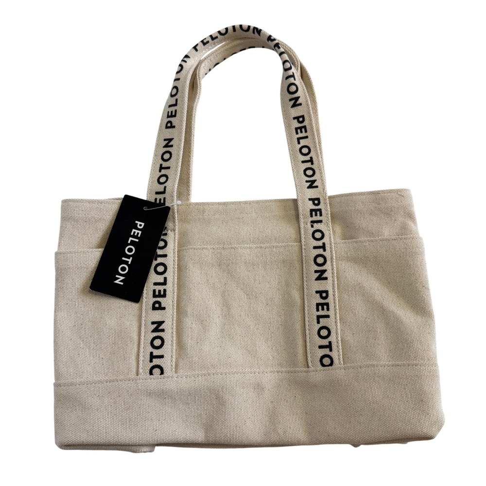 NWT Peloton Canvas Webbed Beach Tote Bag Logo Handle Handbag Pockets